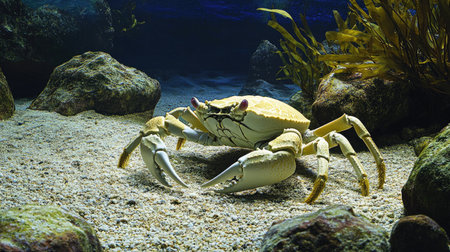A striking underwater photograph showcasing a yellow crab interacting with its sandy ocean environment, surrounded by natural rocks and seaweed in a vibrant marine setting.の素材