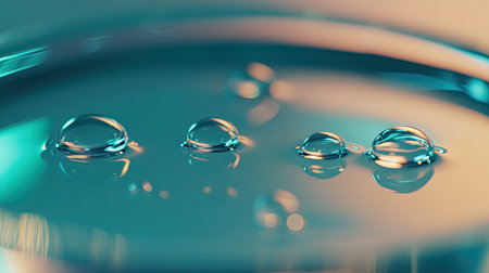 Beautiful macro photography of water droplets resting on a smooth surface, showcasing gentle reflections and soft hues in cool tones. Ideal for nature themes.の素材