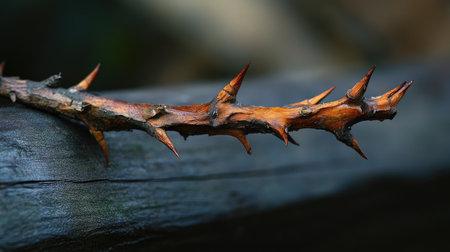 Close-up view of a thorny branch, featuring sharp spikes and intricate textures. The image captures the essence of nature's beauty in a rustic and serene setting.の素材