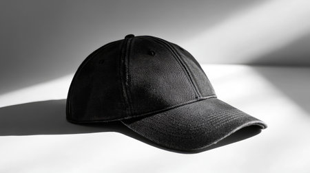 A black baseball cap rests on a white surface, beautifully illuminated by soft light, creating an elegant interplay of shadows, suitable for fashion or lifestyle photography.の素材