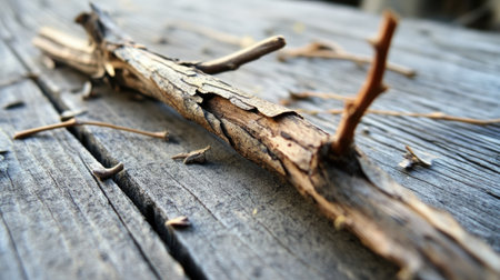 This close-up image showcases a dry twisted stick resting on a weathered wooden surface, emphasizing the intricate textures and natural beauty of organic elements.の素材