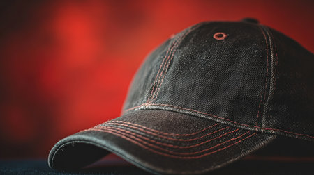 A stunning close-up of a black denim baseball cap featuring red stitching, set against a warm abstract background, perfect for fashion or casual wear promotion.の素材