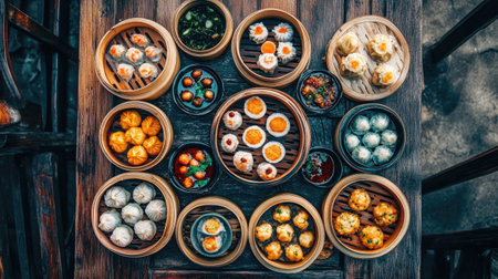 A visually captivating assortment of steamed dumplings presented in bamboo baskets, showcasing a variety of textures and colors, perfect for food enthusiasts and cultural experiences.の素材