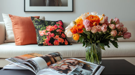 A vibrant floral arrangement of roses complements an open photo book on a coffee table, creating a cozy and inviting atmosphere in a modern living room setting.の素材