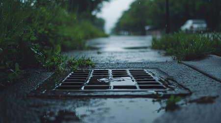 A close-up view of a storm drain in a city street during a rainfall, capturing raindrops and reflections that highlight nature's serenity in urban environments.の素材