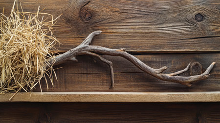A natural wooden branch adorned with dried straw placed against a rustic wooden backdrop, ideal for projects focusing on nature, simplicity, and organic aesthetics.の素材