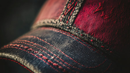 This close-up image features a red and black baseball cap, highlighting intricate stitching and unique textures, ideal for showcasing fashion accessories and lifestyle themes.の素材