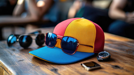 A vibrant cap displayed with stylish sunglasses and watches on a wooden table, perfect for summer leisure and fashion. Capture the essence of a carefree day outdoors.の素材