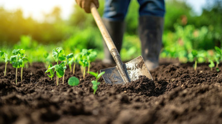 A person is digging the soil with a shovel in a sunlit vegetable garden, nurturing young plants as they grow in rich, dark earth. The scene showcases hard work.の素材