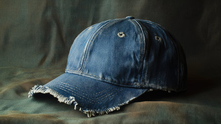 This image features a vintage denim baseball cap showcasing frayed edges against a soft fabric background, perfect for fashion and lifestyle themes.の素材