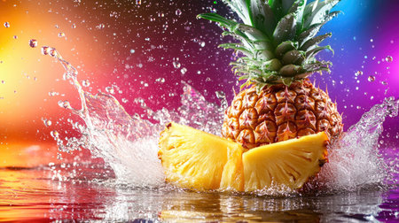 Capture the essence of summer with this vibrant image of a pineapple splashing into water, surrounded by a colorful backdrop. Perfect for tropical themes.の素材
