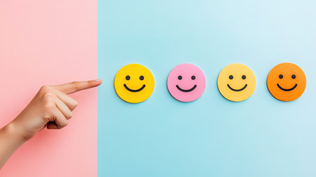 A hand points at a series of colorful smiley faces on a soft pastel background, creating a whimsical scene that represents joy and positive emotions in everyday life.の素材