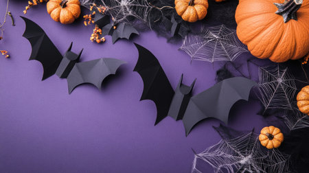 Discover a vibrant Halloween setup featuring paper bats, orange pumpkins, and delicate spiderwebs against a striking purple backdrop, perfect for festive autumn events.の素材