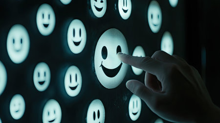 A hand delicately touches a glowing smiling face icon on a vibrant digital screen filled with cheerful emoji faces, symbolizing joy, interaction, and modern communication.の素材