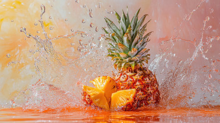 A vibrant image of a fresh pineapple splashing in water, accompanied by juicy slices. This tropical scene evokes freshness and summer vibes, ideal for food-related themes and refreshing beverages.の素材