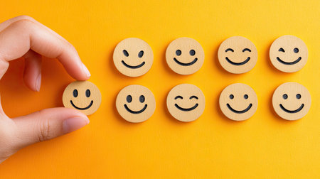 A hand picks up a wooden smiley face icon from a row of cheerful expressions on a vibrant yellow backdrop, symbolizing joy and positive emotions in everyday life.の素材