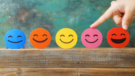 A playful arrangement of colorful wooden smiley faces on a rustic wooden surface. A hand points to a happy face, evoking joy and illustrating emotional expression through art.の素材