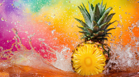 A vibrant pineapple is splashing into water against a multi-colored rainbow background, capturing the essence of summer, freshness, and tropical delight.の素材