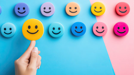 A hand holds a yellow smiley face badge against a bright pastel backdrop. The image captures the essence of joy, positivity, and cheerful expression through vivid colors and playful design.の素材