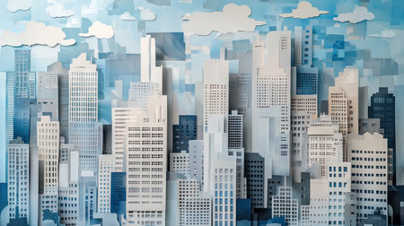 This vibrant abstract illustration showcases a city skyline made of layered paper buildings under a blue sky with fluffy clouds, ideal for various design projects.の素材