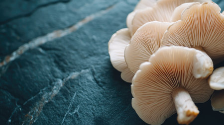 An elegant arrangement of fresh mushrooms set against a dark stone background, highlighting their unique textures and tones, ideal for food and nature photography.の素材