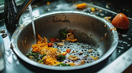 A close-up view of a messy kitchen sink filled with vegetable scraps, food debris, and running water, highlighting the challenges of daily cooking and cleanup.の素材