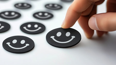 A close-up image of a hand selecting a happy face sticker from a collection. The contrast of black and white emphasizes joy, creativity, and positive energy in design.の素材