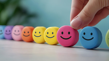 A hand reaches for a pink smiley face figure in a sequence of colorful smiley faces, evoking a sense of joy and creativity, perfect for designs promoting happiness and positivity.の素材