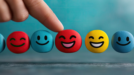 A cheerful arrangement of colorful smiley faces featuring various expressions, with a finger playfully indicating the joyful red smiley, capturing the essence of happiness.の素材