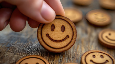 A close-up image shows a hand picking a wooden smiley face token among many similar tokens, symbolizing happiness and positivity in everyday life.の素材