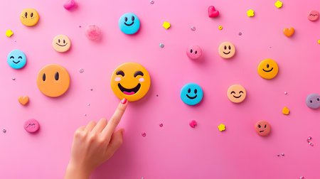 An engaging composition of colorful smiley faces, emojis, and a playful pink background creates a joyful and positive atmosphere, inviting interaction and creativity.の素材