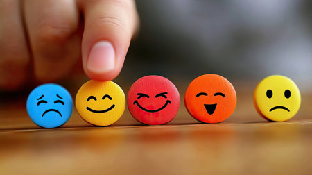 A human finger points at a bright yellow emoji among various colorful emotion icons on a wooden surface, illustrating a range of feelings from joy to sadness.の素材