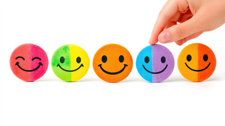 A vibrant display of smiley faces showing a range of emotions with a hand adjusting the colorful rightmost smiley, perfect for creative projects or cheerful designs.の素材