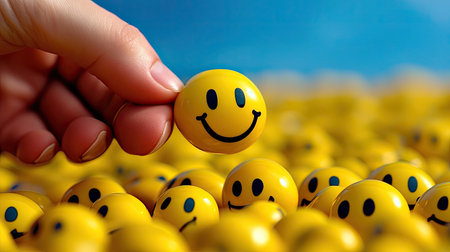 A hand gently lifts a smiley face from a vast collection of cheerful yellow faces, symbolizing joy and positivity in a vibrant and playful atmosphere. Perfect for uplifting themes.の素材