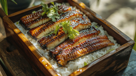 Indulge in a tempting display of grilled eel beautifully arranged atop fluffy steamed rice, adorned with fresh herbs in a rustic wooden box, perfect for any meal.の素材