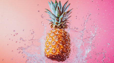 A stunning image featuring a pineapple splashing into water, creating droplets against a vibrant pink backdrop. Perfect representation of freshness, summer, and exotic flavors.の素材