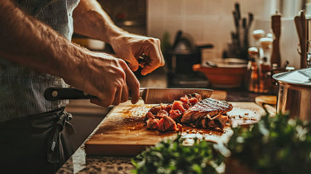 Hands skillfully slicing fresh meat on a wooden cutting board in a warm kitchen, accented by vibrant herbs, creating an inviting and cozy cooking atmosphere.の素材
