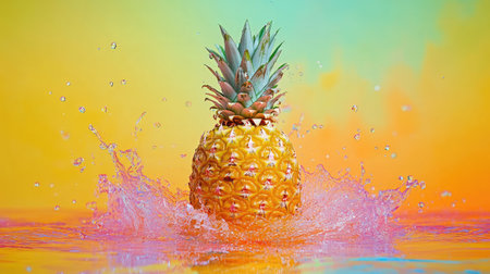A colorful image of a pineapple splashing water, set against a vibrant orange and blue background. The shot evokes refreshing summer vibes and tropical delight.の素材