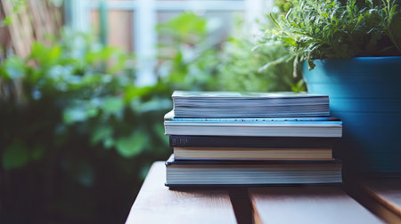A serene scene featuring stacked books on a wooden surface beside a vibrant green plant in a blue pot, ideal for promoting a cozy reading atmosphere.の素材