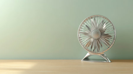 This image features a vintage-style desk fan elegantly positioned on a wooden surface, casting soft shadows against a light green wall, adding a nostalgic touch to home decor.の素材