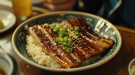 This engaging image features a beautifully presented plate of grilled eel served over rice, topped with green onions and sesame seeds. Perfect for food lovers!の素材