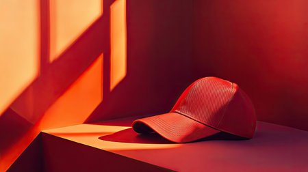 This stylish red cap rests on a vibrant orange surface, illuminated by soft shadows, creating a striking minimalist visual perfect for fashion and lifestyle contexts.の素材