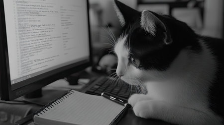 A curious black and white cat intently observes a computer screen beside a notepad and pen, creating a serene and introspective workspace atmosphere ideal for creativity.の素材