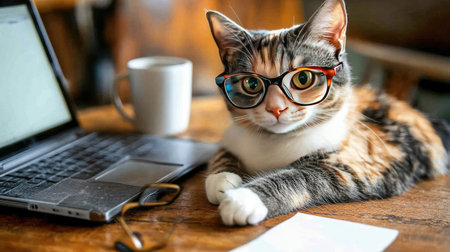 A charming calico cat wearing glasses lounges by a laptop and coffee mug, embodying a cozy and playful atmosphere in a home office workspace.の素材
