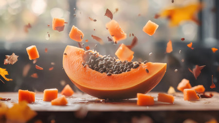 A visually stunning composition featuring a fresh papaya slice with seeds, surrounded by falling cubes and autumn leaves, embodying freshness and nutrition.の素材