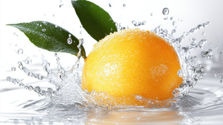A vibrant orange splashes into clear water, surrounded by fresh green leaves. This dynamic image captures the essence of freshness and healthy eating, ideal for culinary themes.の素材