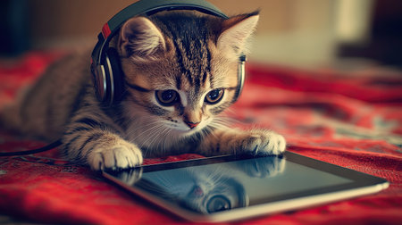 A cute tabby kitten wears headphones while interacting with a tablet on a vibrant red blanket, showcasing the delightful combination of pets and modern technology.の素材