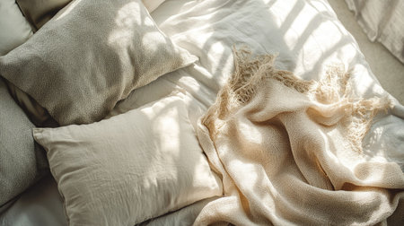 A serene and cozy bedroom scene showcasing soft textiles and cushions bathed in natural light, creating a warm and inviting atmosphere perfect for relaxation and comfort. This minimalist aesthetic highlights gentle shadows and elegant decor, perfect for any home.の素材