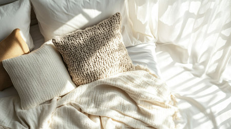 Experience a serene bedroom scene filled with soft fabrics, warm colors, and gentle sunlight that creates an inviting, comforting atmosphere perfect for relaxation.の素材