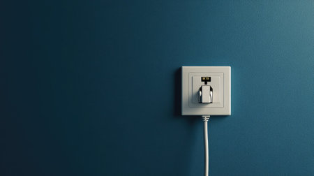 A stylish electrical outlet featuring a plug set against a calm blue wall, showcasing modern design elements. Ideal for themes of technology and home interiors.の素材